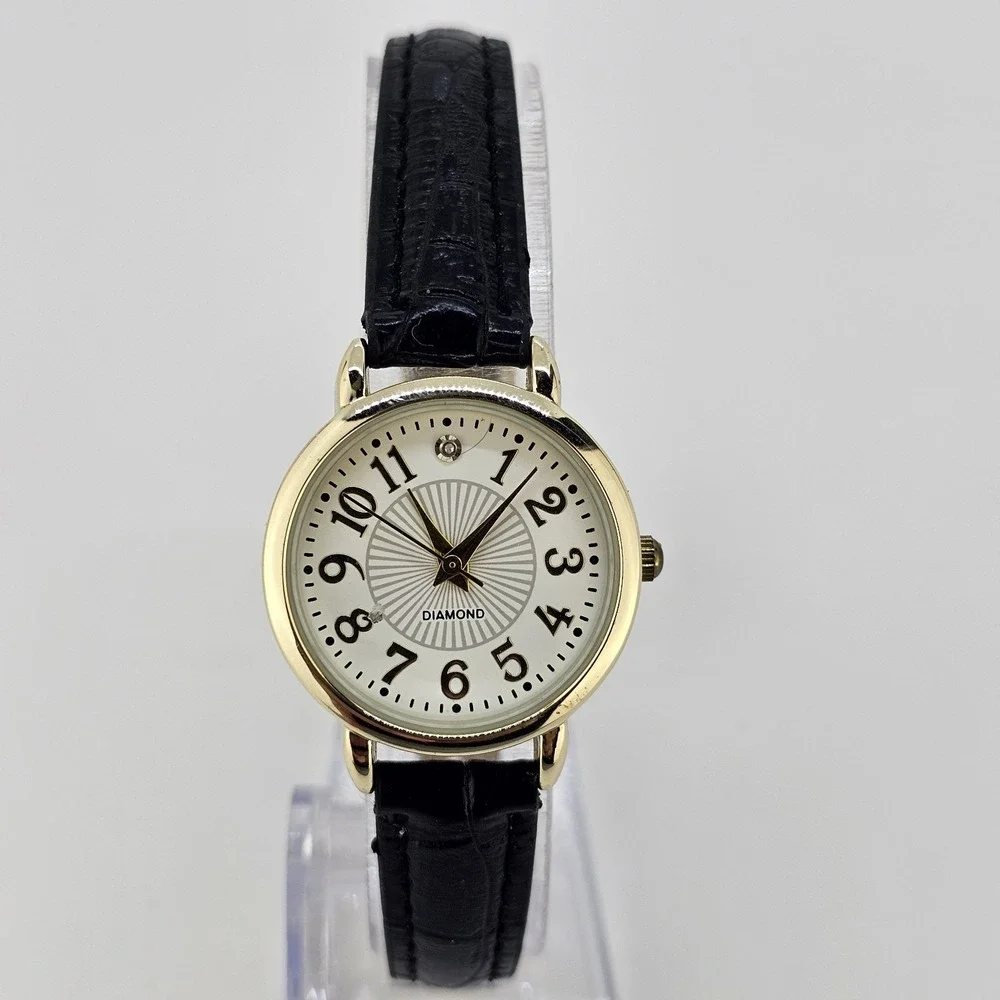 Women's Watch 28MM Cream Dial Black Faux Leather Bands NEW Battery